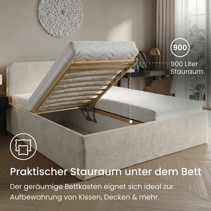 Home Collective Polsterbett Bett mit Stauraum, verstellbarem Lattenrost, viele Größen (Größen: 100x200 120x200 140x200 160x200 180x200 200x200, hochwertiger Kordstoff, made in Germany), wählbare Matratze Federkern oder Kaltschaum, Hellbeige – Bild 3