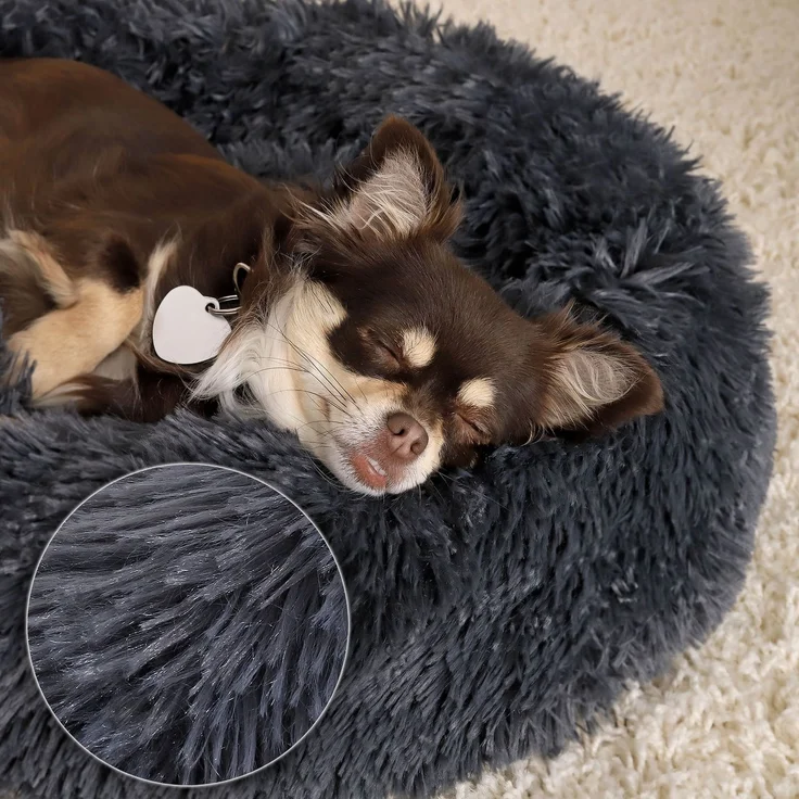 lionto Donut Hundebett, rundes Hundesofa mit Plüschbezug & Anti-Rutsch-Noppen, weich & gemütlich, 50 cm Durchmesser, dunkelgrau – Bild 3