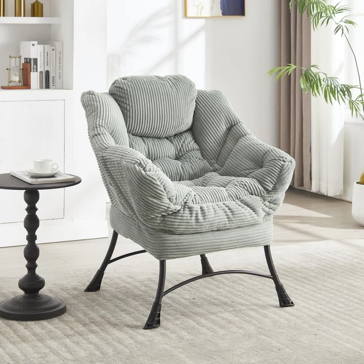 Flieks Loungesessel mit Hocker, ergonomischer Ohrensessel mit Stahlrahmen, weicher Cordstoff, Seitentasche, graugrün – Bild 2