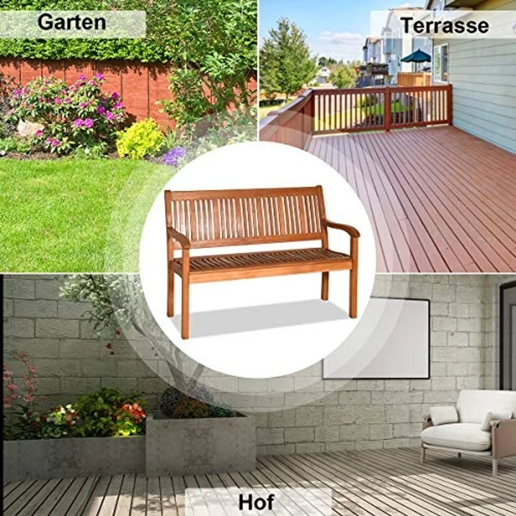 Balkonbank Holz, Holzbank wetterfest, Sitzbank für 2-3 Sitzer, Gartenbank aus Eukalyptus bis 320 kg belastbar, Parkbank für Terrasse, Balkon, Garten, 126 x 63 x 91 cm, Natur – Bild 4