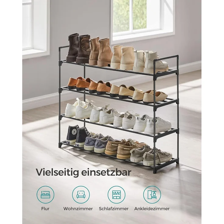 Songmics Schuhregal 4 Ebenen, 2er Set, Schuhständer Metall, Schuhaufbewahrung, Schuh-Organizer für 16-20 Paar Schuhe, stapelbar, für Flur Wohnzimmer Schlafzimmer, 30 x 92 x 74 cm, schwarz LSA08BK – Bild 5