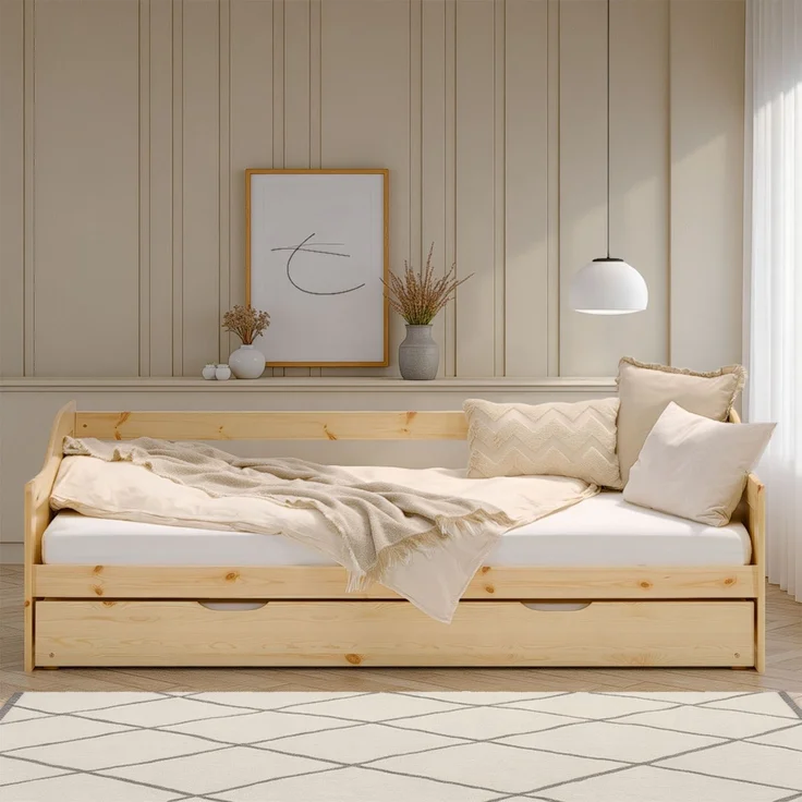 Homestyle4u Holzbett, 90x200 cm, integriertes ausziehbares Gästebett, Kiefernholz natur – Bild 2