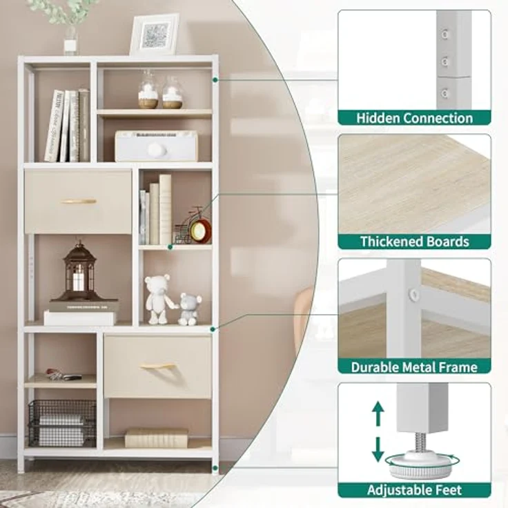 YITAHOME Bücherregal mit Schubladen, 7-stöckiges Standregal mit Stahlrahmen, Bodenstehendes Lagerregal, Industrieregal Aufbewahrungsregal, für Wohnzimmer, Büro, Flur, Küche, Eichenfarbe Regal – Bild 6
