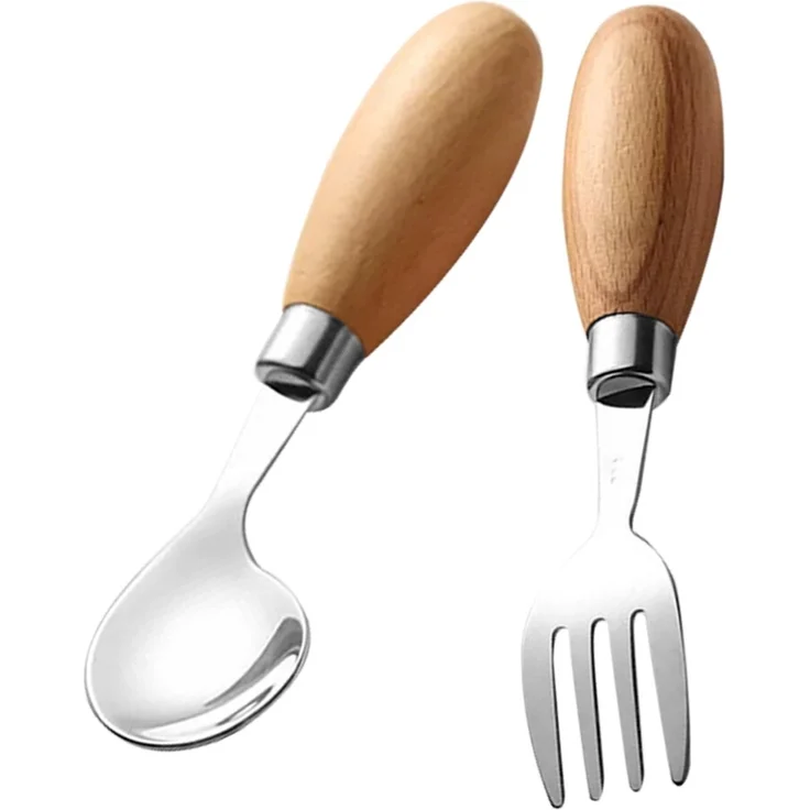 ABC Babygeschirrset, bestehend aus einer Gabel mit Holzgriff und einem gebogenen Löffel – Bild 4