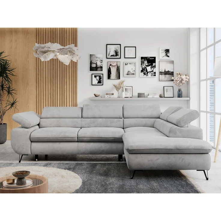 Mks Möbel 'Peter L-form' Ecksofa mit Bettfunktion, Bettkasten & einstellbaren Kopfstützen, Hellgrau, Velours, mit Topper, rechts – Bild 1