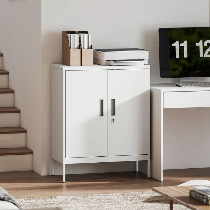 Verschließbarer Stahlschrank mit 2 Türen, Büroschrank, verstellbare Regale, für Homeoffice, Wohnzimmer, Garage, Weiß--Weiß--100x40x80cm--YOUDENOVA – Bild 4