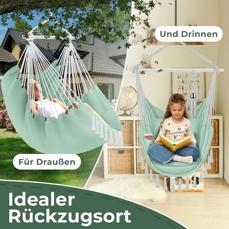 KESSER® Hängesessel mit 2 Kissen Getränkehalter & Bücherfach - Safari XXL Hängestuhl für Erwachsene & Kinder Hängematte bis 150 kg Hängesitz Aufhängung Indoor & Outdoor Wohn & Garten Terrasse Grün / Weiß – Bild 5