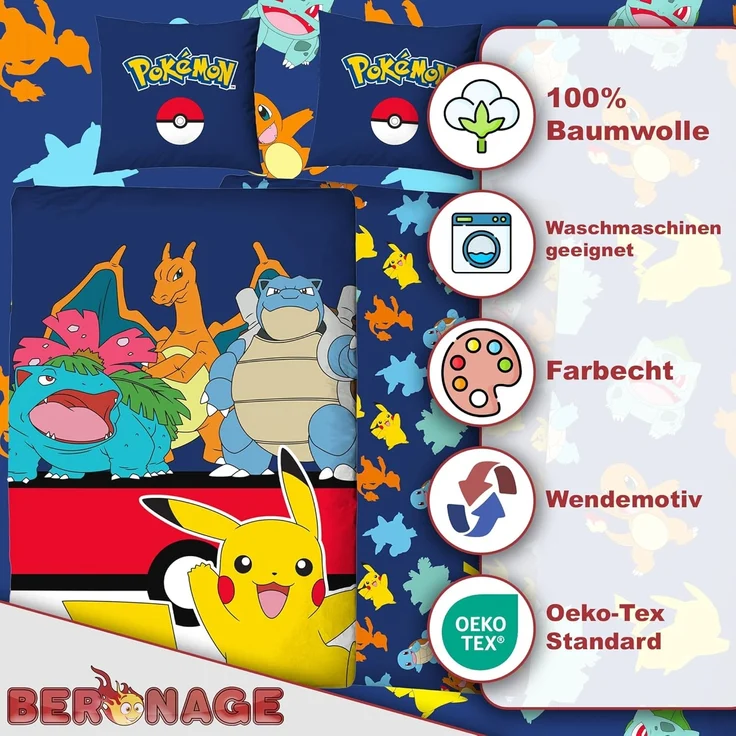 BERONAGE Kinderbettwäsche Pokemon Bettwäsche Pikachu Glurak Bisaflor Turtok Linon / Renforcé, 100% Baumwolle, 135x200 + 80x80 cm – Bild 3