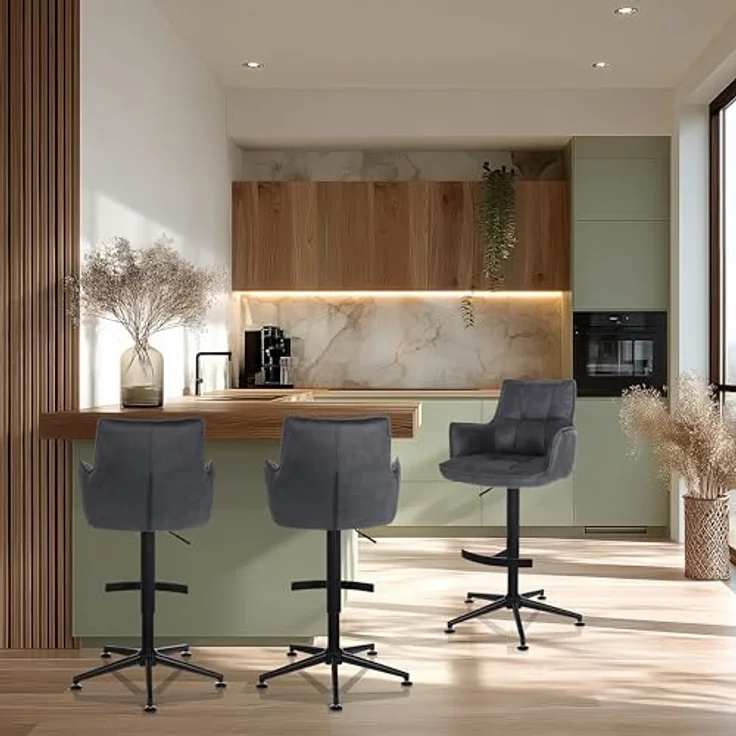hjh LIVING Barhocker höhenverstellbar, Hocker mit Lehne SOLAO Life HIGH Stoff, drehbarer Tresenhocker mit Fußstütze und Armlehnen, Anthrazit – Bild 2