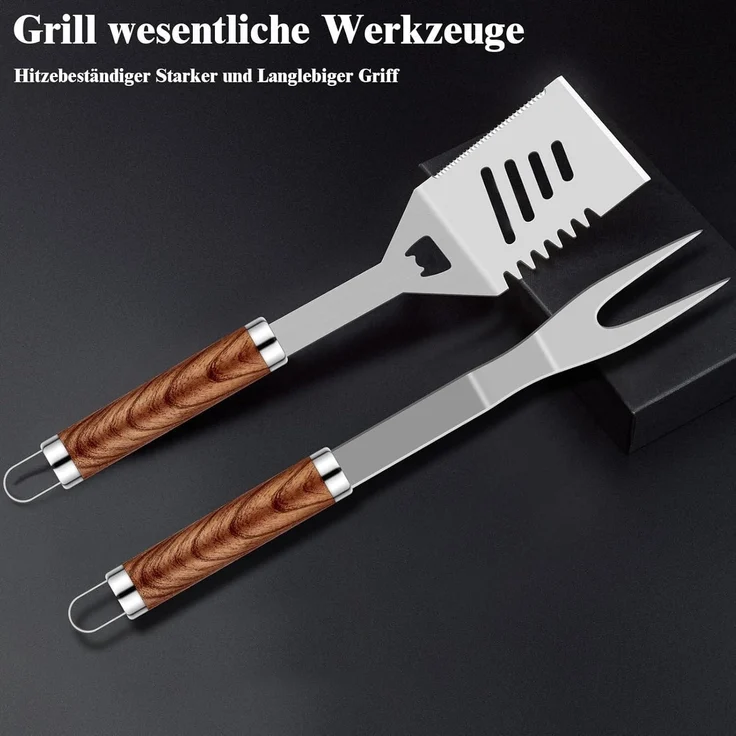 LuxusKollektion Grillbesteck-Set, 38-teilig, Edelstahl silber / Holz natur – Bild 2