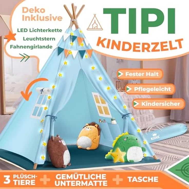 KIDIZ® Tipi Zelt für Kinder Spielzelt 100 x 100 x 160 cm Kinderzelt aus Baumwolle mit LED-Lichterkette, Leuchtstern, Fahnengirlande, 3 Plüschtiere, Untermatte & Tragetasche Spielhaus für drinnen & draußen Blau – Bild 3