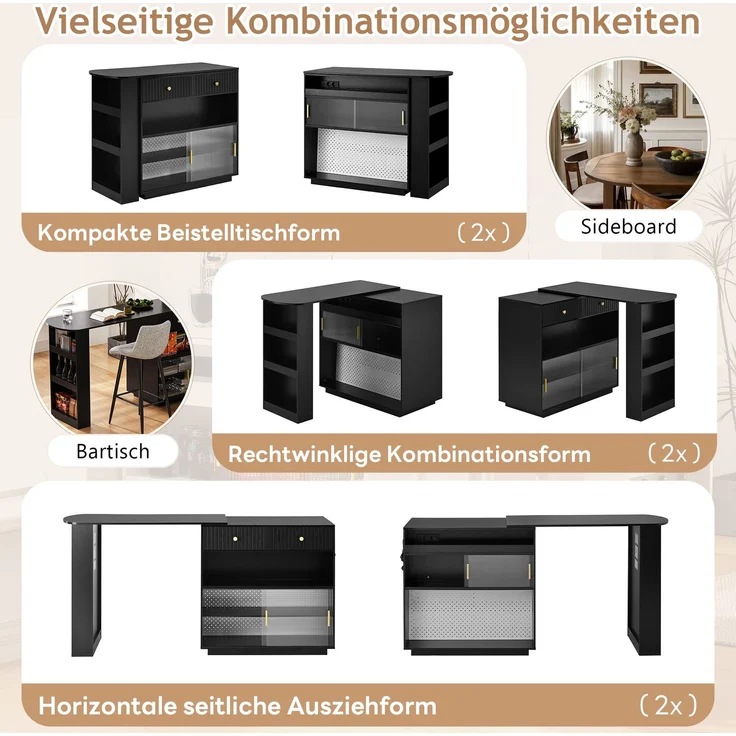Merax Bartisch, Ausziehbar 360° Drehbare Sideboard mit Stauraum und LED-Beleuchtung, Reversibel Sideboard mit Lochbrett und Steckdosen(Schwarz) – Bild 8