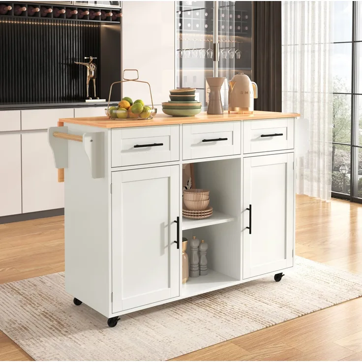 Küchenwagen 139x46(71)x91,5 cm mit klappbarer Arbeitsplatte, Schubladen und Rollen – Weiß