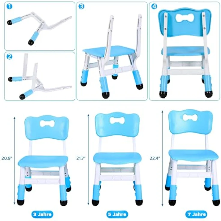 Clevich Kinder Schreibtischstuhl 2PCS, Kinderstuhl Plastik bis 100KG, Kinder Stuhl Höhenverstellbar, mit Rückenlehne, ab 2 Jahr, Schule, Kinderzimmer, Tagespflege, Kindermöbel,Blau – Bild 4