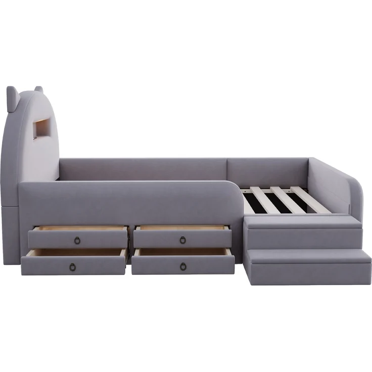 LVHOM Kinderbett 90x200cm mit Rausfallschutz, Polsterbett mit Nachtlicht, USB, Schubladen und Stufenbank, Samt, Dunkelgrau – Bild 8