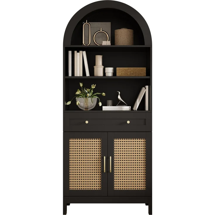 DESVIAE Vitrine Schwarz-Holzoptik – 70x170x40 cm – Rattantüren, Schublade – Bild 7