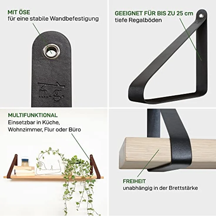 Natural Goods Berlin Wandregalhalter Marzahn, 2-tlg, Regalträger Wandhalter Bücherkonsole Küchenablage veganes Kunstleder – Bild 9