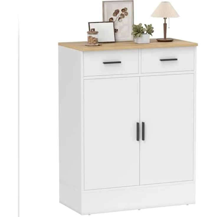 HOMCOM Sideboard Beistellschrank mit 2 Schubladen, 2 Türen (Aufbewahrungsschrank, 1 St, Küchenschrank), mit verstellbarem Einlegeboden, Weiß+Naturholz