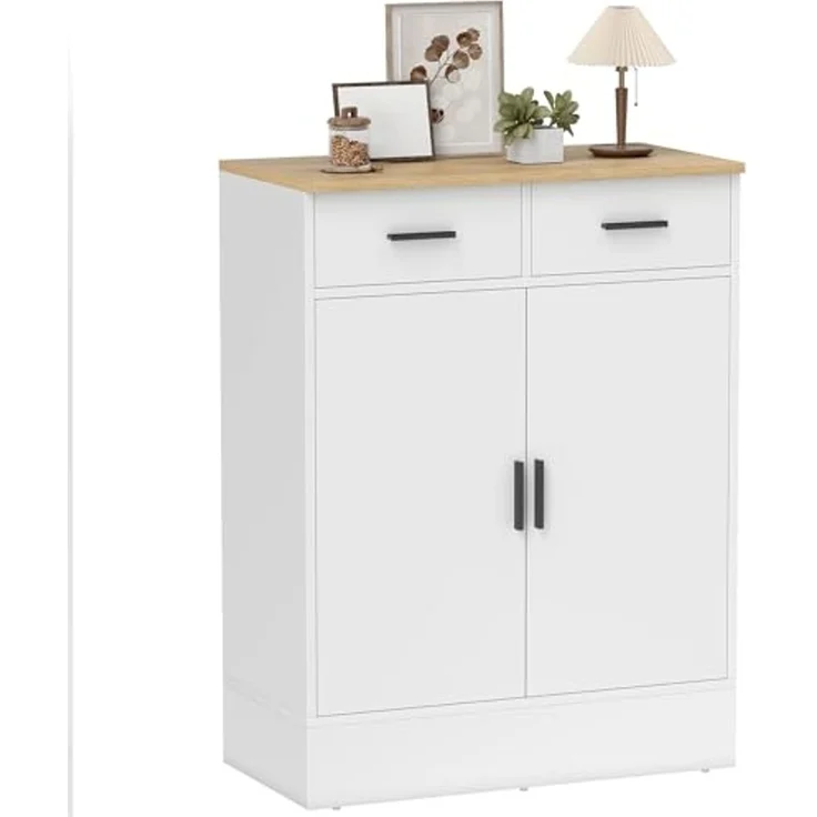 HOMCOM Sideboard Beistellschrank mit 2 Schubladen, 2 Türen (Aufbewahrungsschrank, 1 St, Küchenschrank), mit verstellbarem Einlegeboden, Weiß+Naturholz – Bild 1