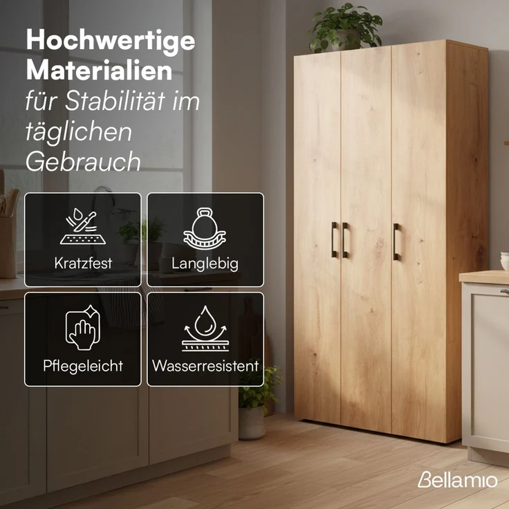 Bellamio 'Apol' Mehrzweckschrank, Eichenoptik, 176x33x90 cm, Putzschrank mit 3 Türen und 5 Regalen, Besenschrank mit Staubsaugerfach – Bild 5