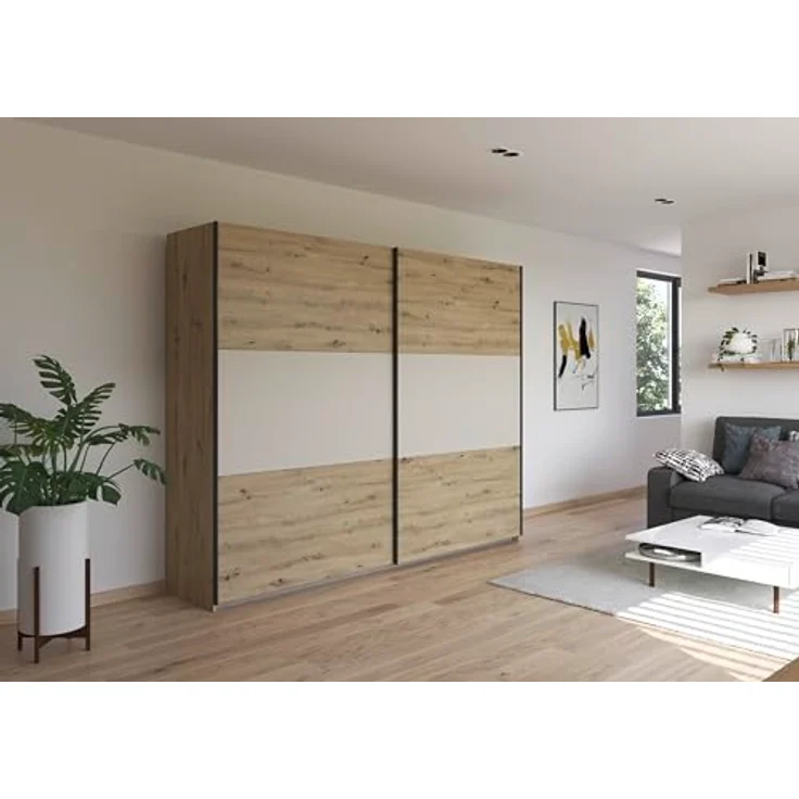Rauch Möbel Neo, Schwebetürenschrank, Kleiderschrank, Kleiderschränke, Garderobe, Schrank mit Stauraum, 2-türig, Farbe Eiche Artisan/Champagner, 261 x 210 x 59 cm – Bild 3