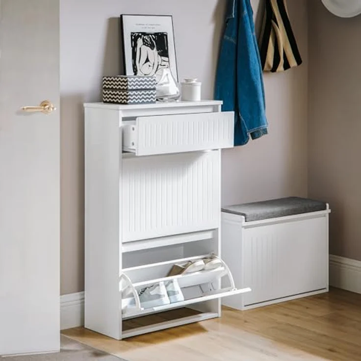 SoBuy Schuhschrank, Weiß, Holzwerkstoff, 2 Klappfächer, Schublade, 61x100x26 cm – Bild 4