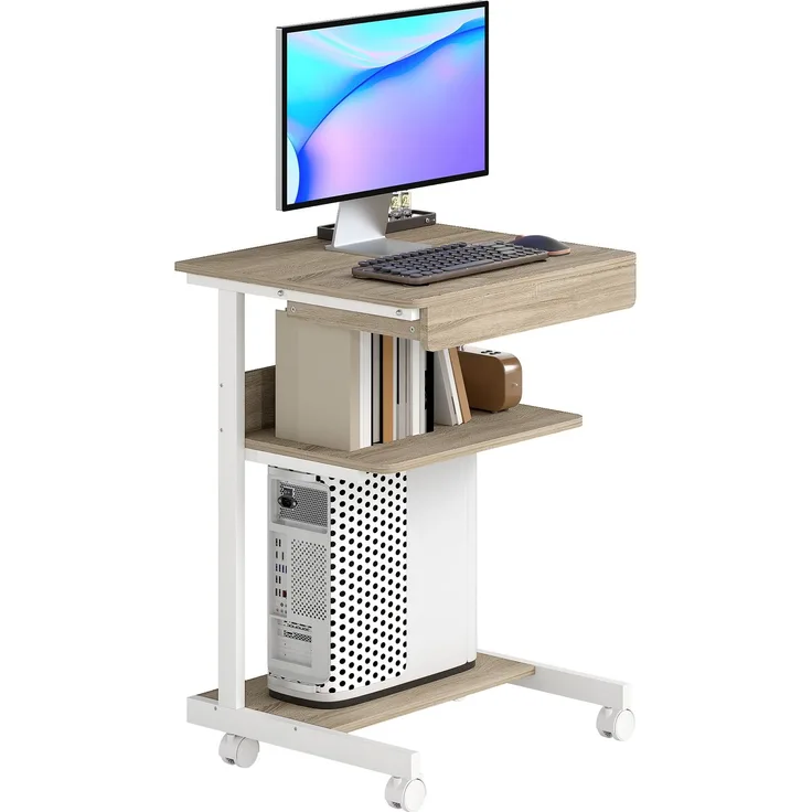 Computertisch auf Rollen, Schreibtisch mit Stauraum 56 x 51 cm mit Schublade, Fach und CPU-Halterung, Eiche