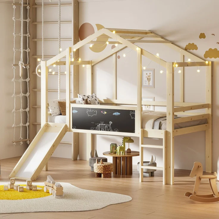 Kinder Hochbett Mit Rutsche Und Schiefertafel 90x200 Hausform Massivholz 120kg Tragfähig Sicherheitsgeländer Spielbett Mitwachsend – Bild 1