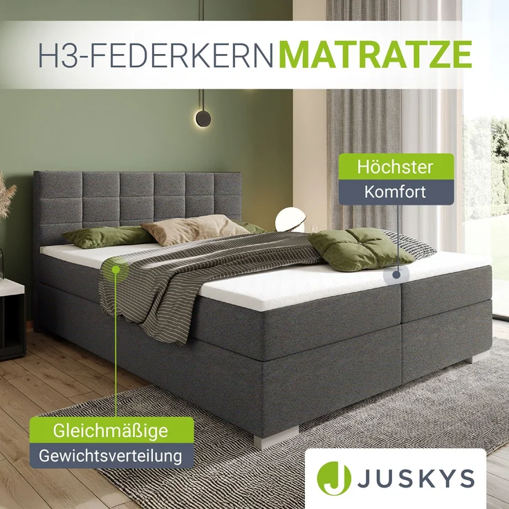 Juskys 'Seattle' Boxspringbett - hoher Komfort, weicher Malmo-Stoff, komfortable Einstiegshöhe, gepolstertes Kopfteil, inkl. Topper - Hellgrau, 180x200 cm – Bild 7