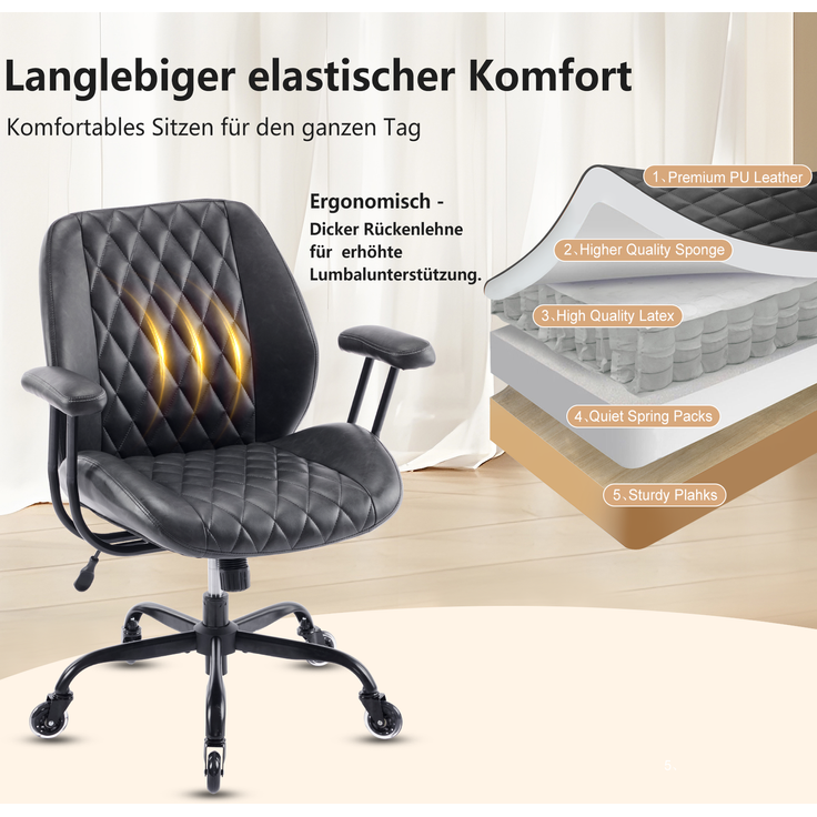 Bürostuhl aus Leder, ergonomisch & höhenverstellbar, 62x62x96 cm, Schwarz – Bild 4
