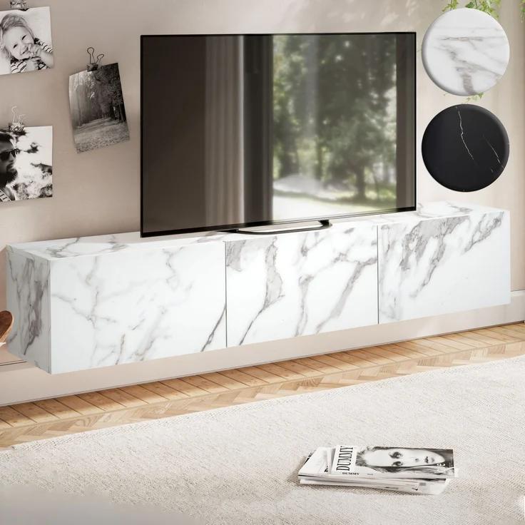 FINEBUY Lowboard FB58627 (Marmor-Optik Weiß 120x30x30 cm mit zwei Türen), TV-Kommode Hoch, TV-Schrank Modern, Fernsehtisch – Bild 7