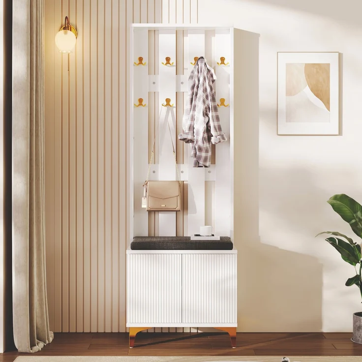 Garderobenset 60,5x35,2x180,5 cm, mit Schuhbank, Kissen, Haken und Push-to-open in Weiß – Bild 1