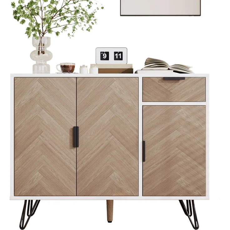 Merax Moderner Aufbewahrungsschrank, Sideboard in Weiß und Holzoptik mit Schublade und höhenverstellbaren Einlegeböden (90 x 30 x 71,5 cm) – Bild 10