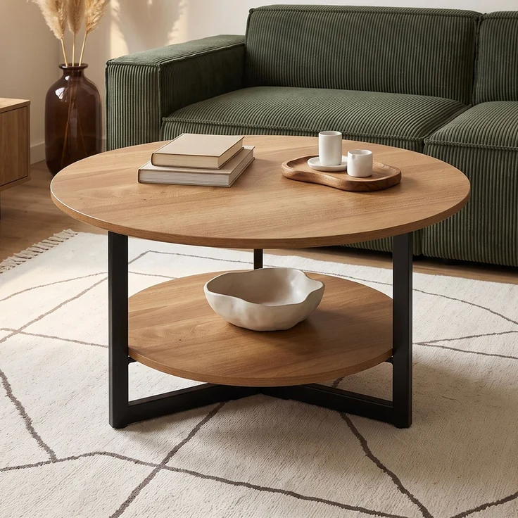 skølm 'Drakkar' Couchtisch rund, Massivholz Eiche, natur geölt, Wohnzimmertisch Ø70 cm mit Metallgestell, Beistelltisch für Wohnzimmer mit Ablage – Bild 1