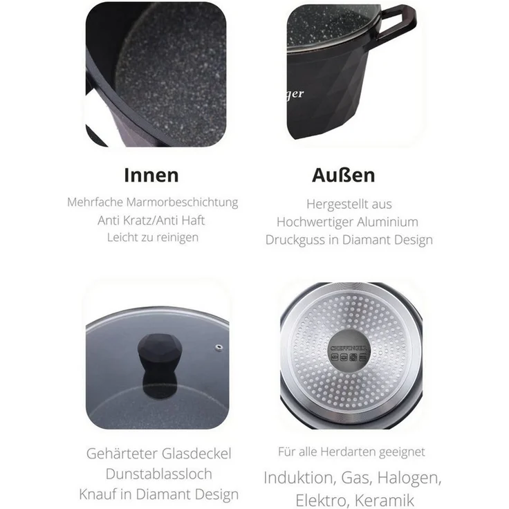 Kochtopf Kasserolle Topf Set 6-tlg schwarz Glasdeckel Cheffinger CF-DIAC03 – Bild 2