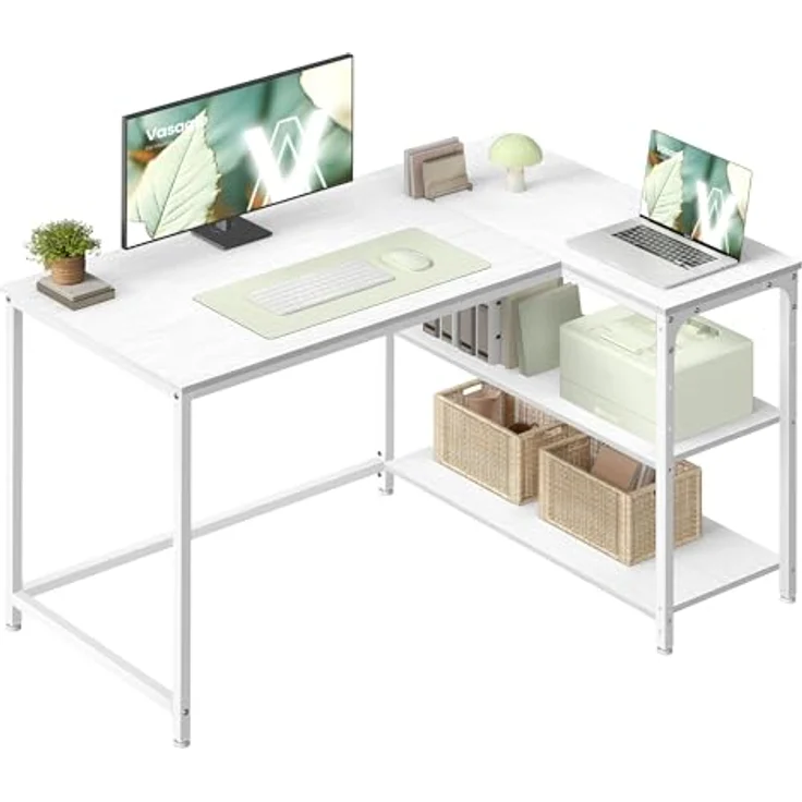 VASAGLE Eckschreibtisch in L-Form, Computertisch mit Stauraum, Bürotisch, höhenverstellbare Ablage, für Homeoffice, 110x80 cm, ahornweiß LWD135WF01 – Bild 2