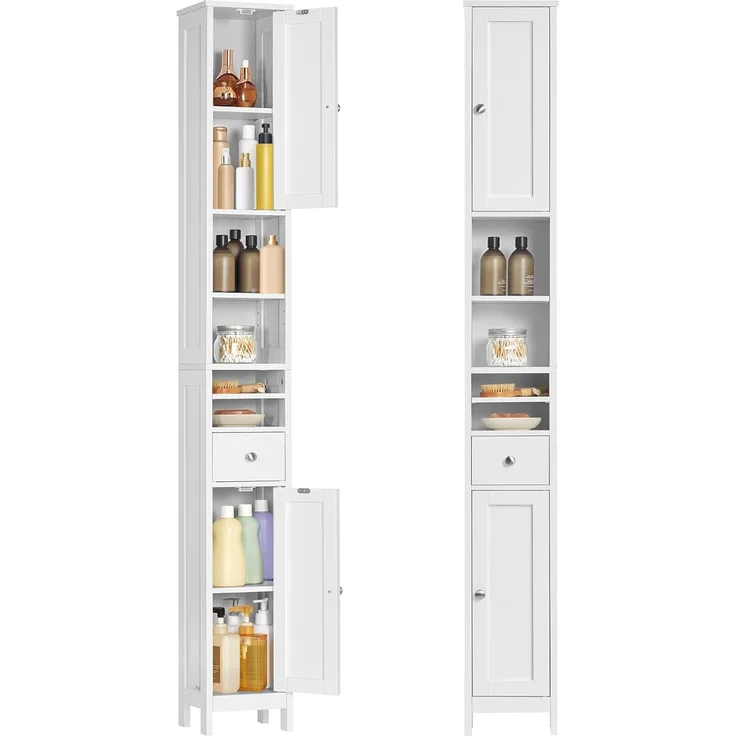 VASAGLE Badezimmerschrank, Badschrank, hoch, schmaler Aufbewahrungsschrank, mit verstellbaren Ablagen, Schublade, offenen Fächern, für kleine Räume, modern