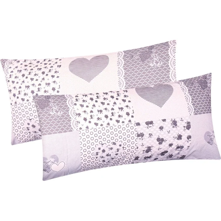 Heubergshop Kissenbezug, (2 Stück), 2er Set 40x80cm - Baumwolle Landhaus Herzen Blumen Grau (422/1-40x80) – Bild 2
