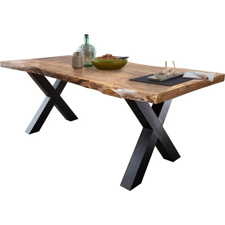 Massivart® Baumkantentisch TOMASO / Massivholz Mango / 55 mm Tischplatte, Standbeine als X-Gestell / Metall schwarz lackiert / Industrial Look