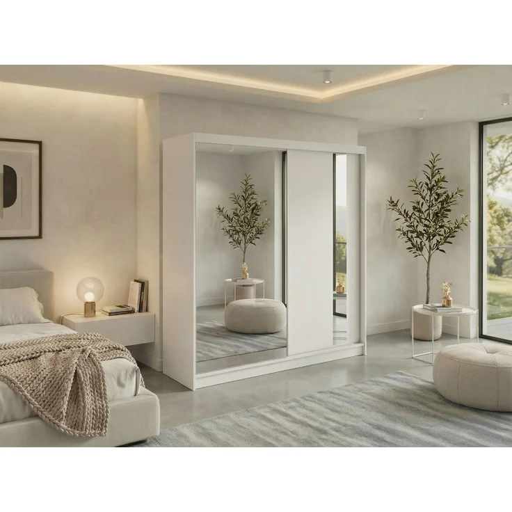 Schiebetürenschrank GRECJA 200 cm breite mit Spiegelfront und Dekor-Applikationen in Weiß, inkl. Kleiderstange & Einlegeböden - Weiß – Bild 1