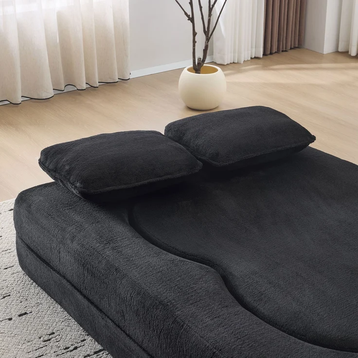 Großes modernes schwarzes Bodensofa mit 4 Wurfkissen, bequemes Flanellsofa, hochdichte Schaumstoff-Klappmatratze, geeignet für Wohnzimmer, Gästezimmer, Schlafzimmer, kein Zusammenbau erforderlich--Schwarz--198x60x76cm--YOUDENOVA – Bild 8
