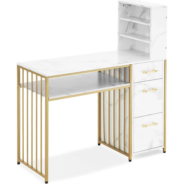 M MCombo Schreibtisch mit 3 Schubladen, Nageltisch aus Holz Metallgestell, Manikürtisch Marmor-Weiß Gold, Schminktisch ohne Spiegel Modern, Computertisch mit Regal Wohnzimmer, 43x108x125cm, 2420