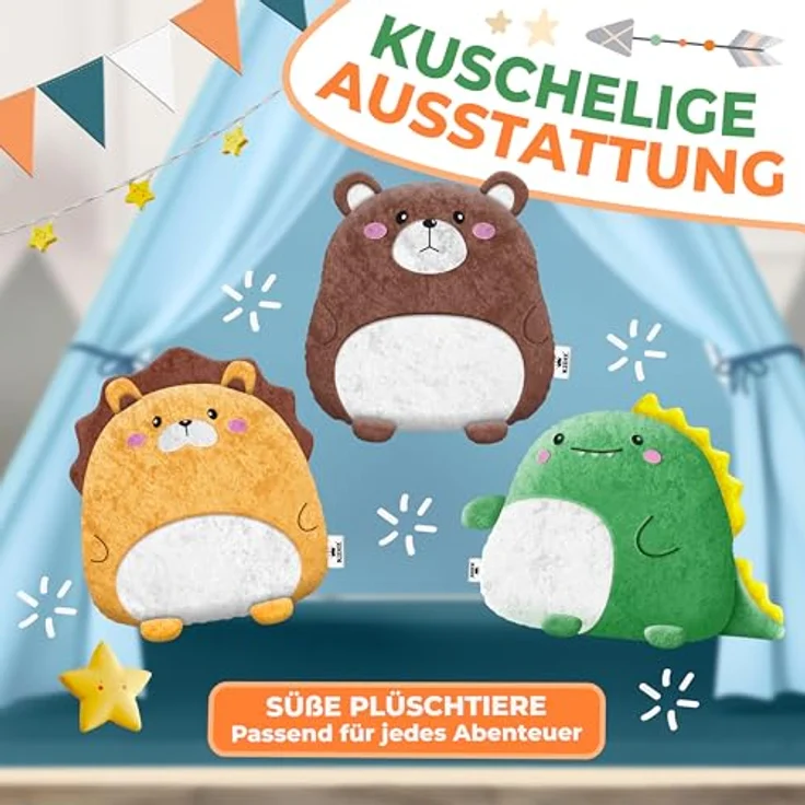KIDIZ® Tipi Zelt für Kinder Spielzelt 100 x 100 x 160 cm Kinderzelt aus Baumwolle mit LED-Lichterkette, Leuchtstern, Fahnengirlande, 3 Plüschtiere, Untermatte & Tragetasche Spielhaus für drinnen & draußen Blau – Bild 9