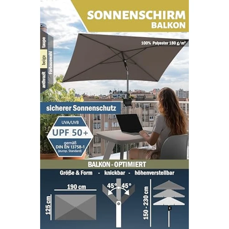 Menz Sonnenschirm Balkon - 3-IN-1 Sonnenschutz Balkon SET in Taupe, UPF 50+ Sonnenschirm rechteckig 200x125 cm + stabiler Sonnenschirmhalter Balkongeländer + Sonnenschirmhülle – Bild 4