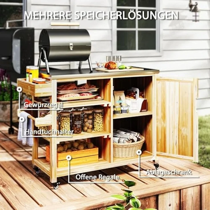 Outsunny Servierwagen 6-Etagen mit Arbeitsfläche Handtuchregal, aus Tannenholz, (BBQ Grilltisch, 1 St, Grillwagen), für Garten, Terrasse 134,5x50x91,5cm Naturholz – Bild 4
