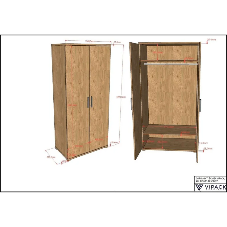 Jugendzimmer Set Keelia Eiche mit Bett Kleiderschrank Tisch – Bild 5