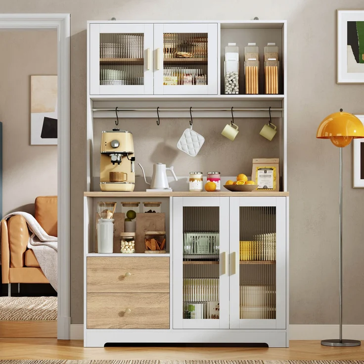 178 cm Küchenschrank, Hochschrank mit LED, Küchenregal mit Steckdose, Vitrine mit Türen aus gehärtetem Glas, Weinregal, Weiß mit Holzoptik verstärkter Arbeitsplatte--Natur + Weiß--110x40x178cm--YOUDENOVA – Bild 9