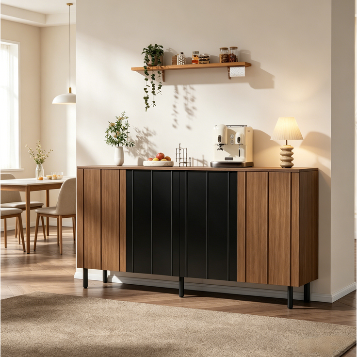 DESVIAE Sideboard mit 4 Türen 160x80x35 cm aus Spanplatte Nussbaumfarben/Schwarz – Bild 6
