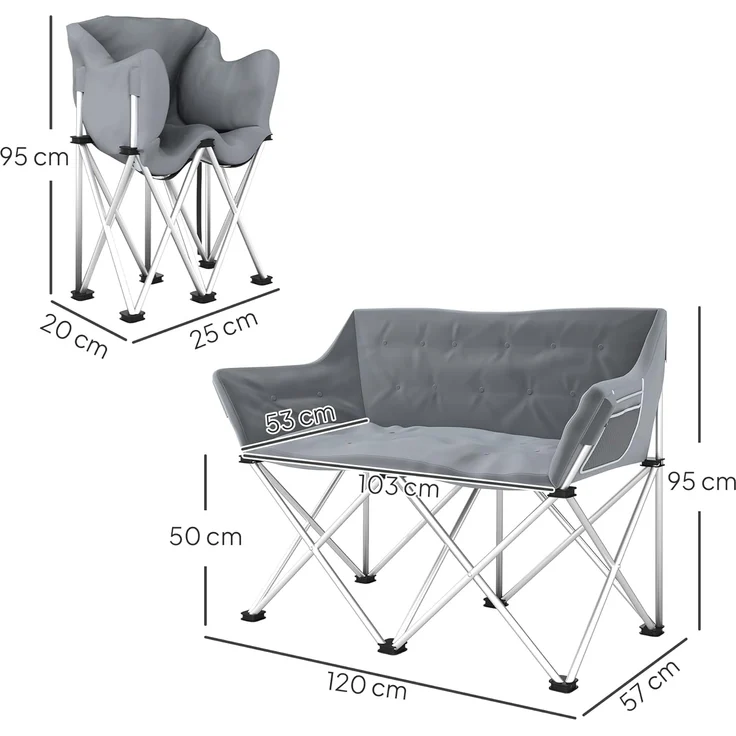 Outsunny Campingstuhl mit Armlehnen, Seitentasche (2 Sitzer Faltstuhl, 1 St), bis 240kg belastbar, für Garten Camping Strand – Bild 3