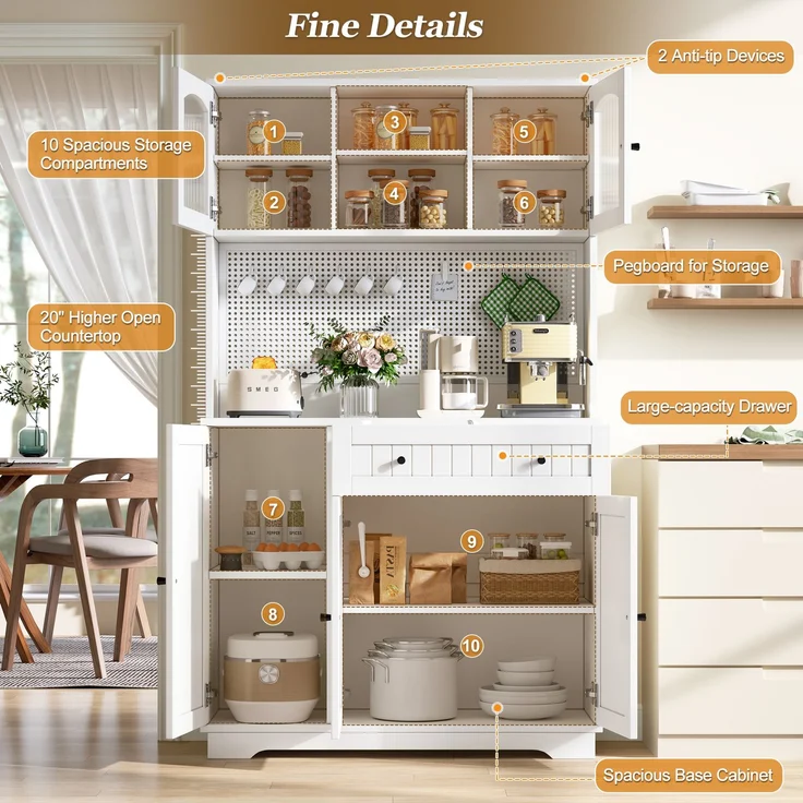 ZUBALIYA Vitrinenschrank mit Tür / Küchenschrank, mit verstellbaren Einlegeböden und lochblech, Weiß, 103.5 x 40 x 180 cm, fürs Kinderzimmer, mit Schubladen, mit Stauraum – Bild 11